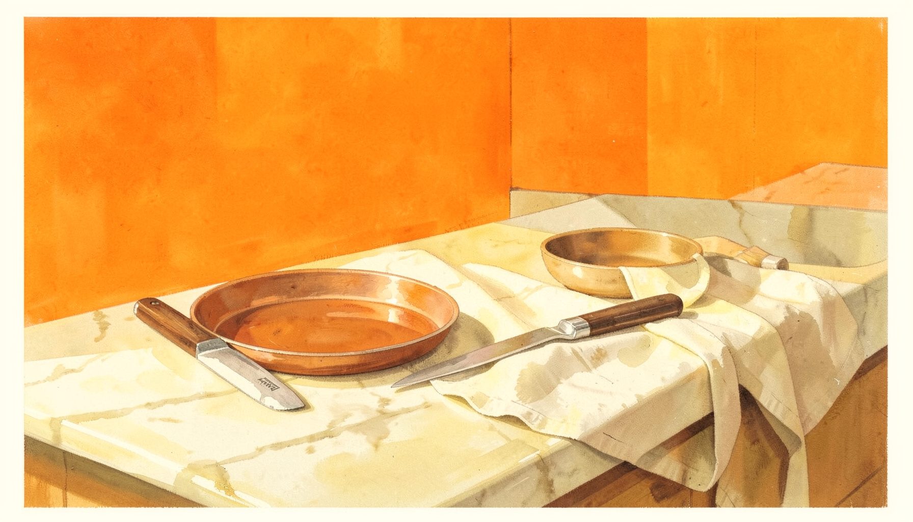 Soft gouache painting of a warm sunlit kitchen counter with a chef's knife, a copper pan and a folded linen apron on a pale cream surface