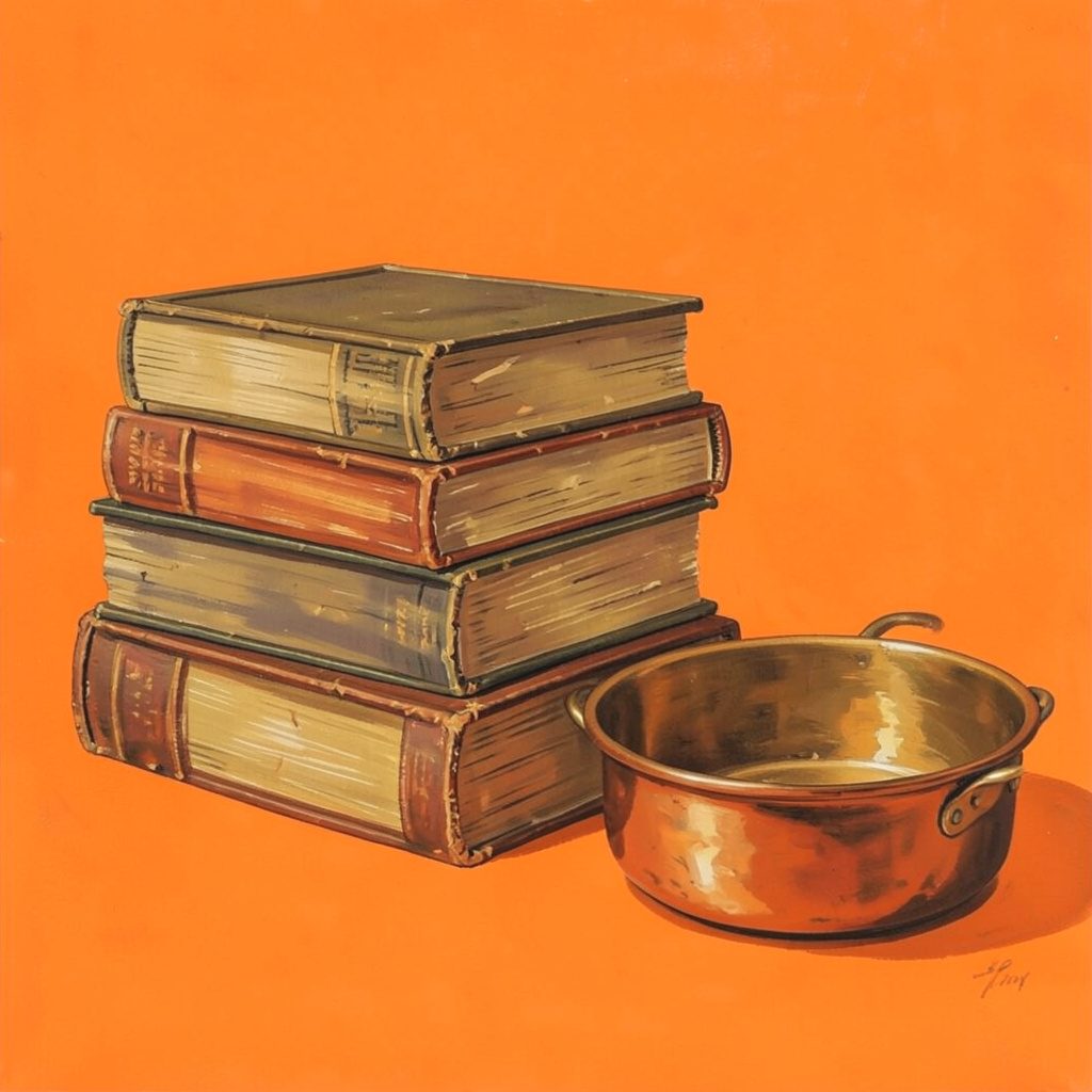 A gouache painting of stacked culinary books with worn spines and a copper roasting pan beside them, warm browns and muted gold.