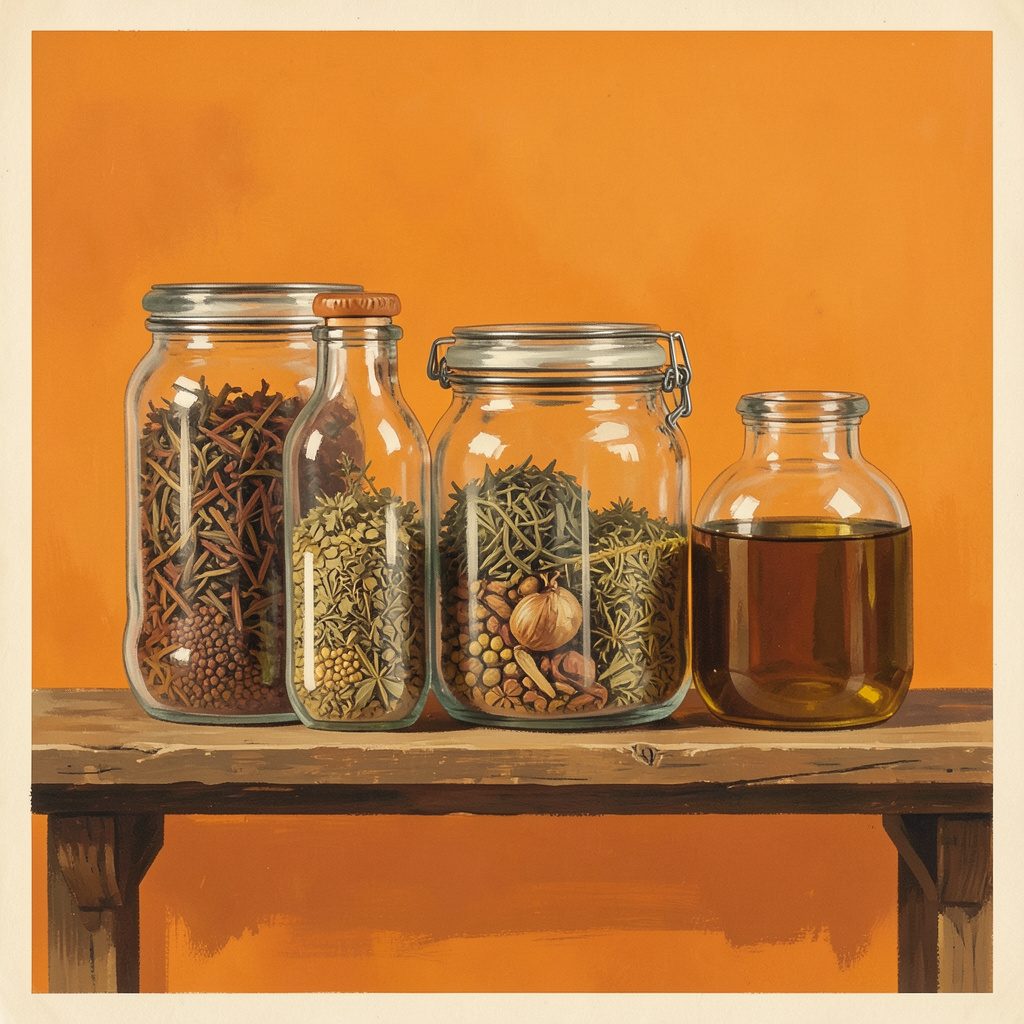 A gouache painting of glass jars filled with spices, dried herbs, and cooking oils on a rustic shelf, earthy ochres and warm terracotta tones.