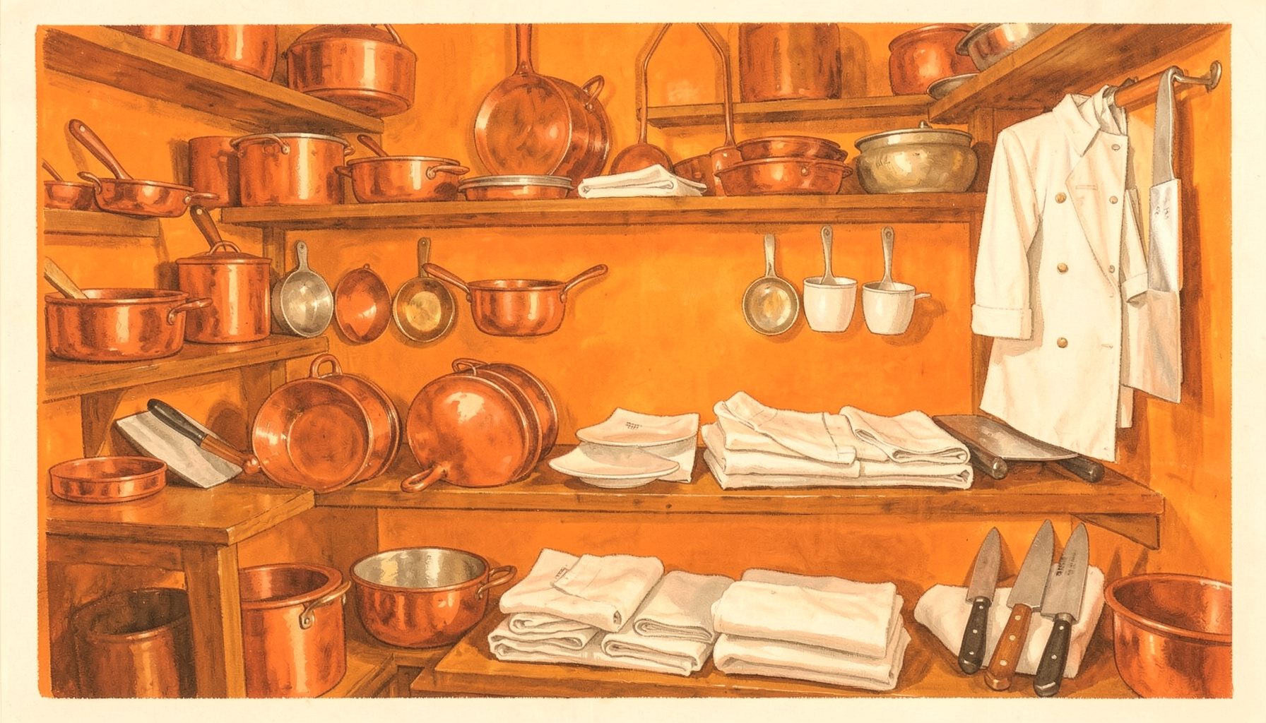 A warm gouache painting of a well-stocked culinary shop interior with copper pans, chef knives, and folded white uniforms on wooden shelving, bathed in soft amber light.