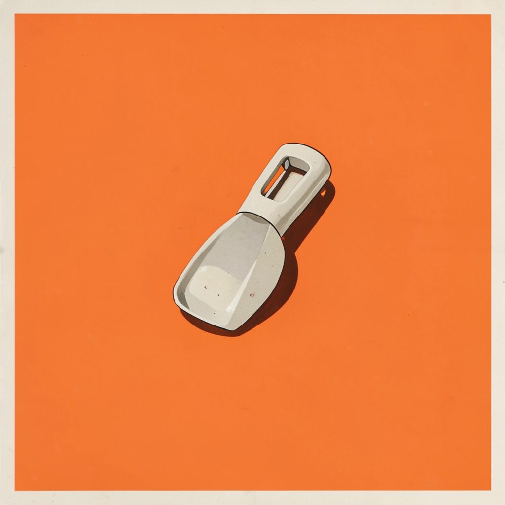 Matte gouache illustration of a compact stainless steel potato washer and peeler on a pale kitchen worktop, warm cream background