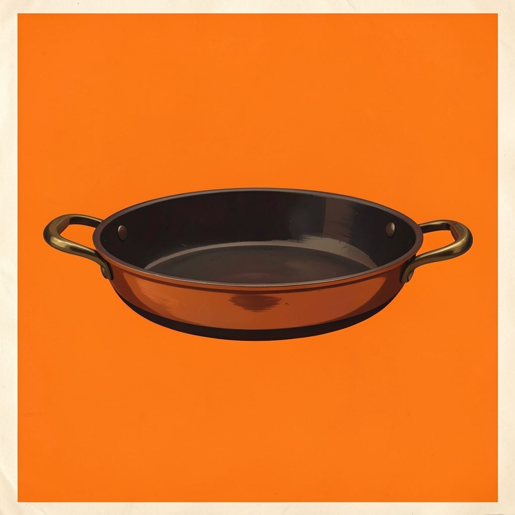 Matte gouache painting of a copper roasting pan with bronze handles resting on a warm cream-toned kitchen counter, soft golden light, calm and polished mood