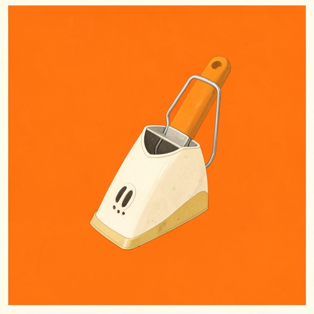 Gouache painting of a compact mini potato washer and peeler machine in pale metal tones on a cream backdrop